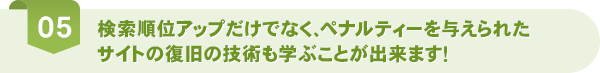 検索順位アップだけでなく、ペナルティーを与えられたサイトの復旧の技術も学ぶことが出来ます！