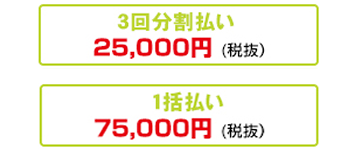 3回分割払い25,000円（税抜）、1活払い75,000円（税抜）